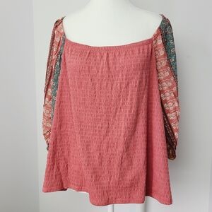 W5 Pink Blouse 3/4 Sleeves Relaxed Smocked Style Square Neck, sz 2XL